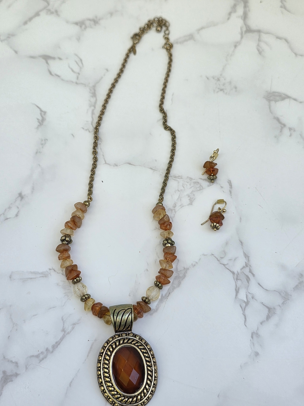 Vintage Amber Tone Statement Necklace Matching Earrings Beaded Boho Jewelry Set